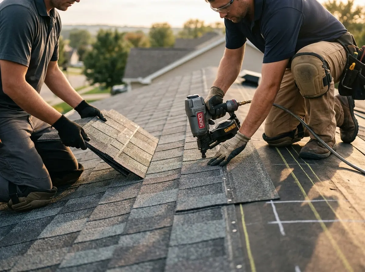 Professional roofer working on a residential roof in Novi